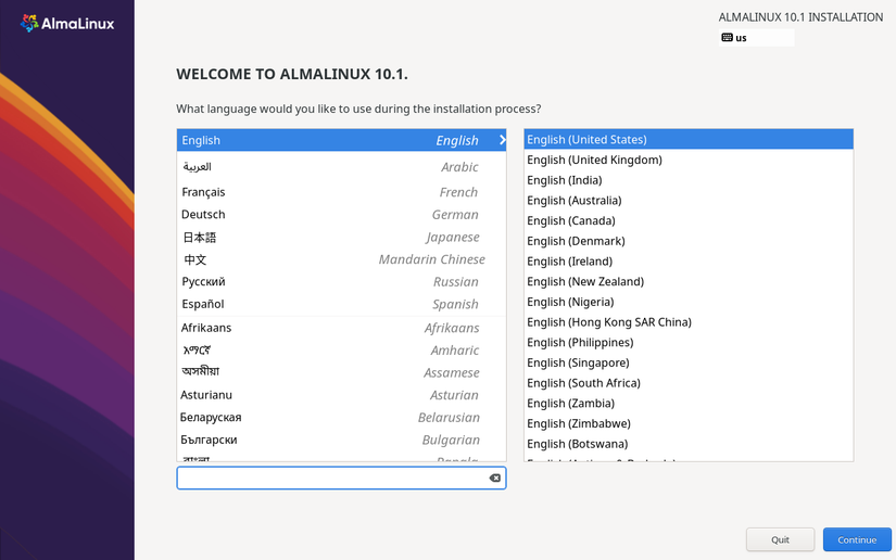 AlmaLinux installation language selection screen.