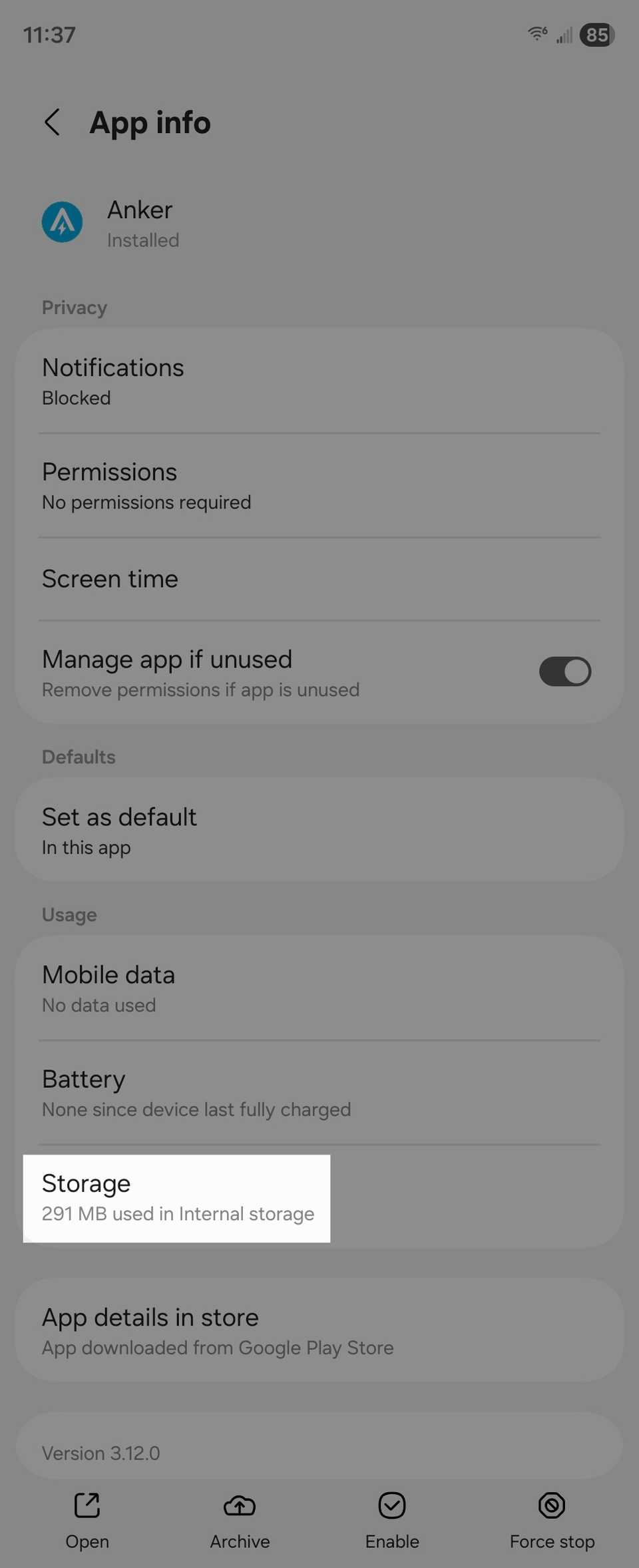 Занятая память Anker на Android.