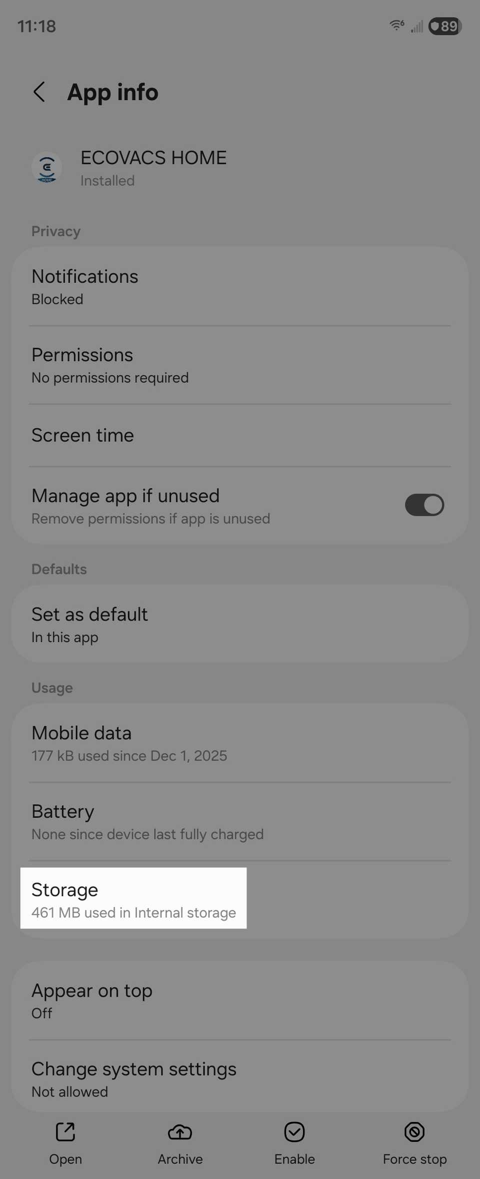 Занятая память приложением Ecovacs на Android.