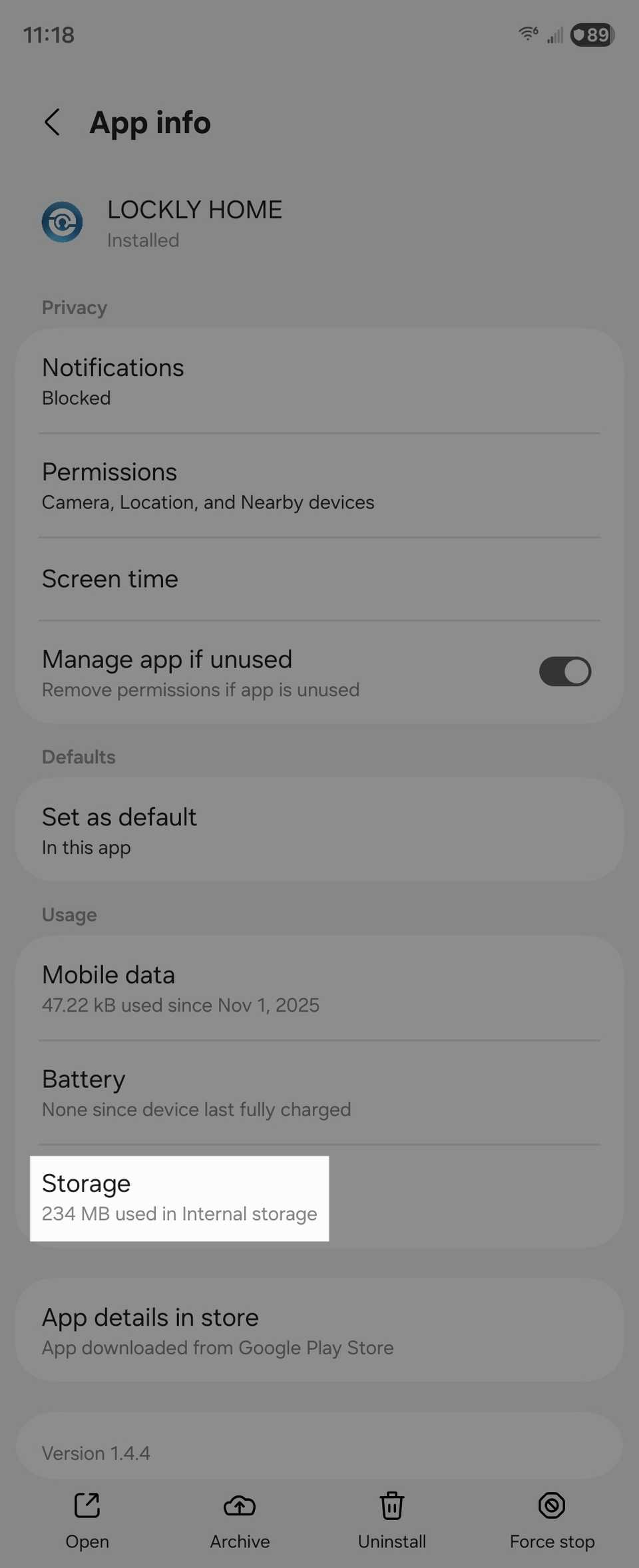 Занятая память Lockly на Android.