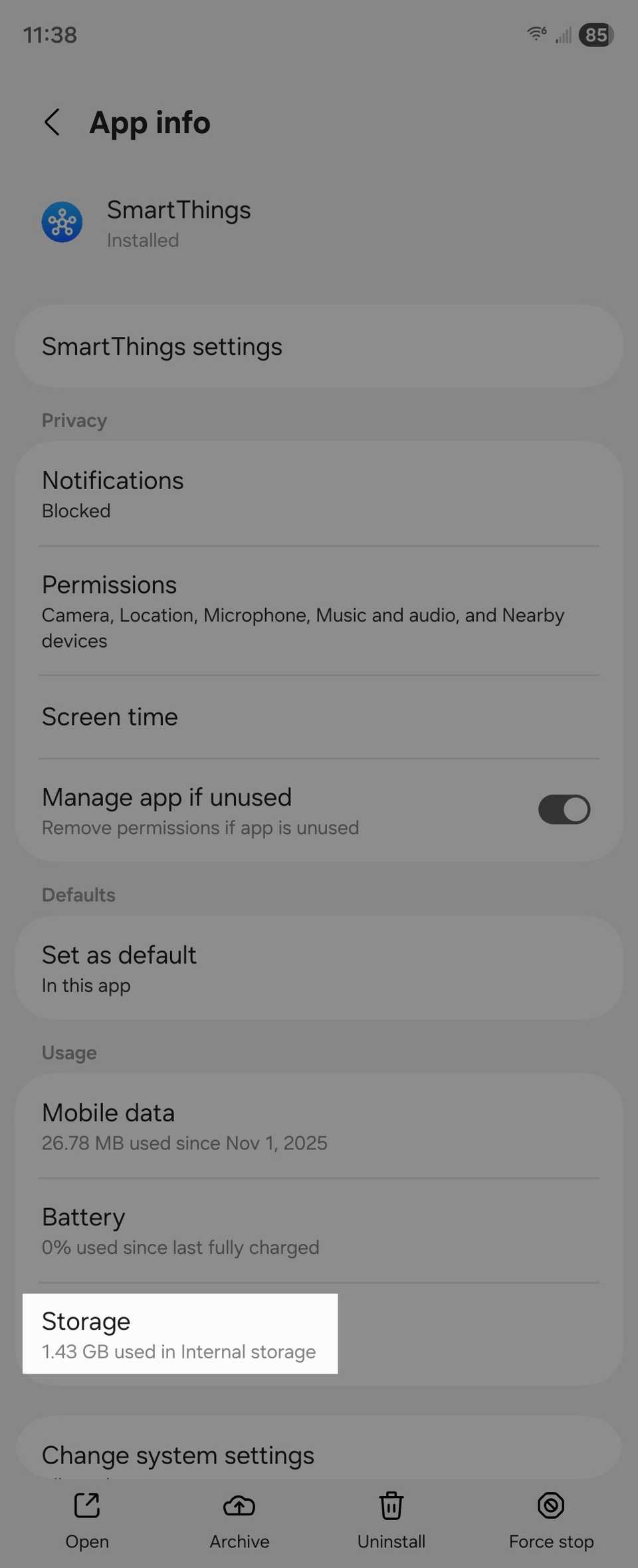Занятая память SmartThings на Android.