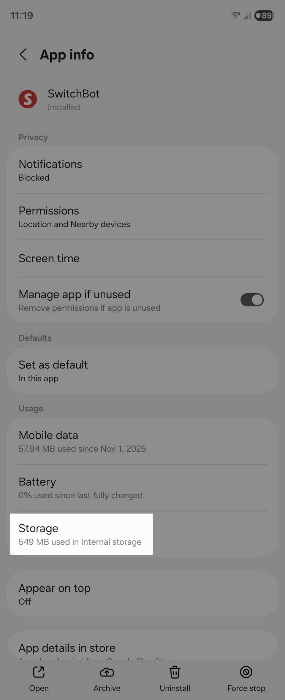 Занятая память SwitchBot на Android.