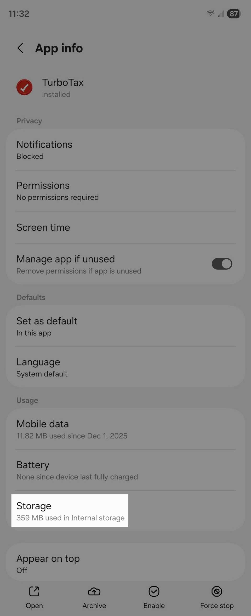 Занятая память приложением TurboTax на Android.
