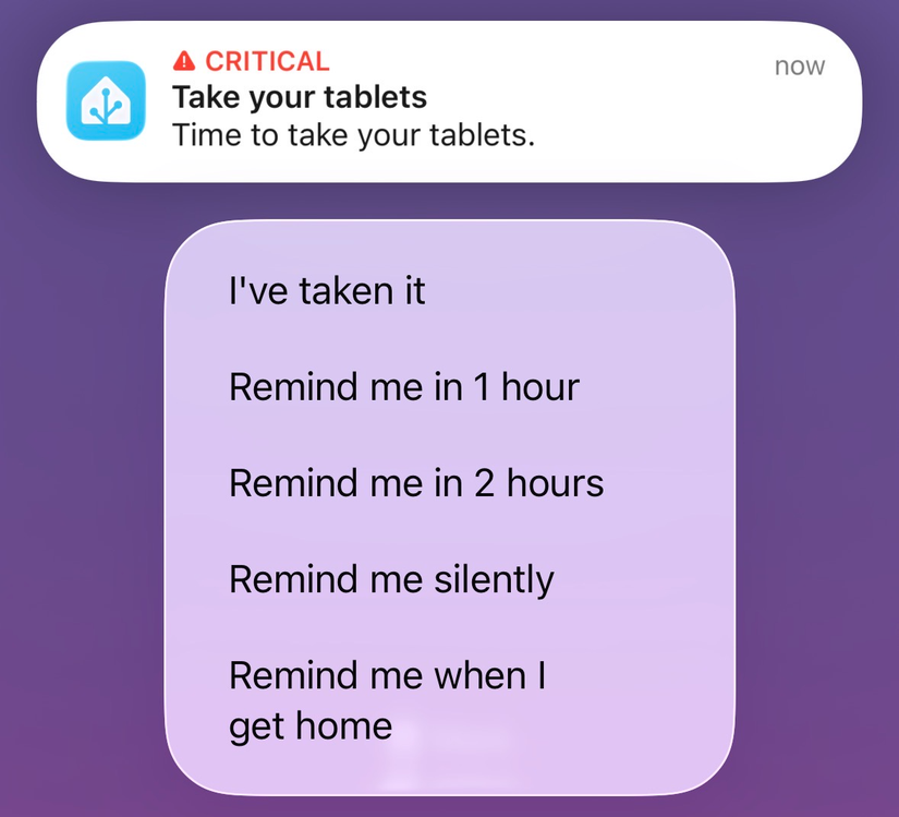 An actionable notification in Home Assistant with a reminder to take medication and list of options for pausing reminders.