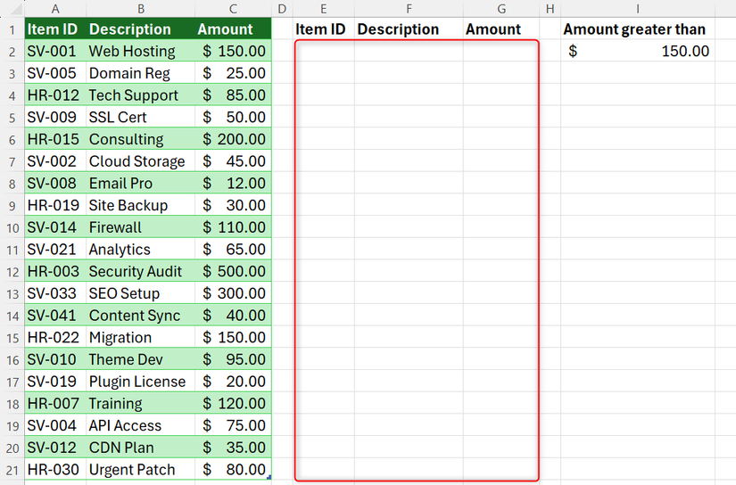 An Excel table with item IDs in column A, descriptions in column B, and amounts in column C, with an area to the right where data will be filtered.