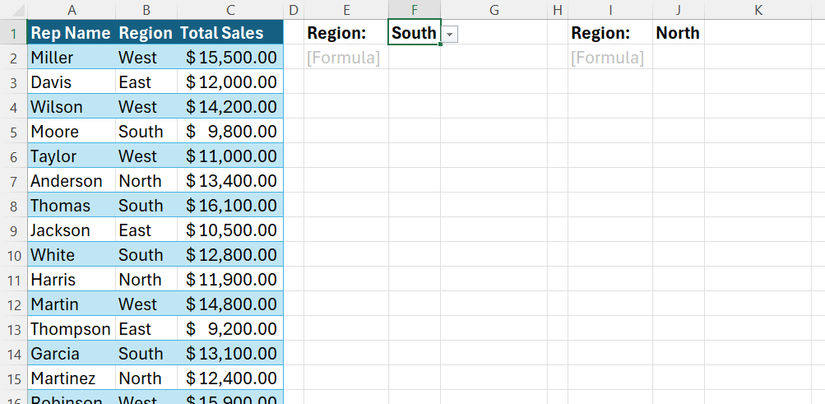 An Excel table with rep names in column A, regions in column B, and total sales in column C, and an area to the right where the data will be filtered.