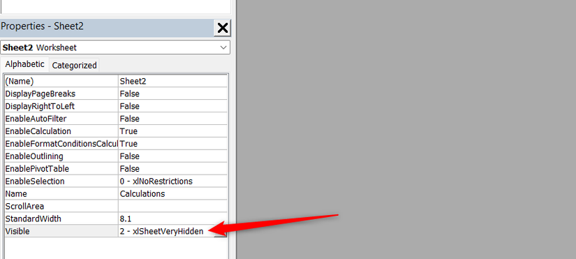 An Excel worksheet is 'very hidden' in the VBA editor.