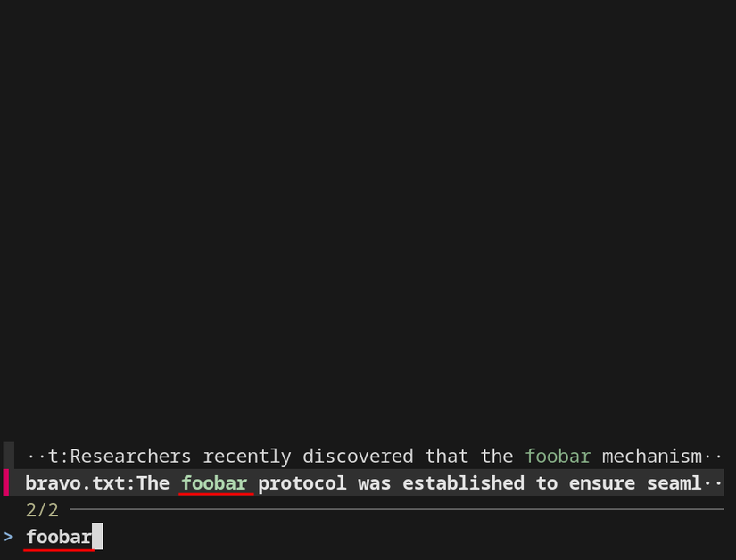 В окне fzf видны результаты поиска по запросу foobar с помощью ripgrep. Два совпадения из разных файлов.