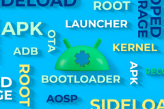 Android logo with a gear cutout in its head, surrounded by technical terms like Bootloader, Kernel, Root, and APK on a blue background.