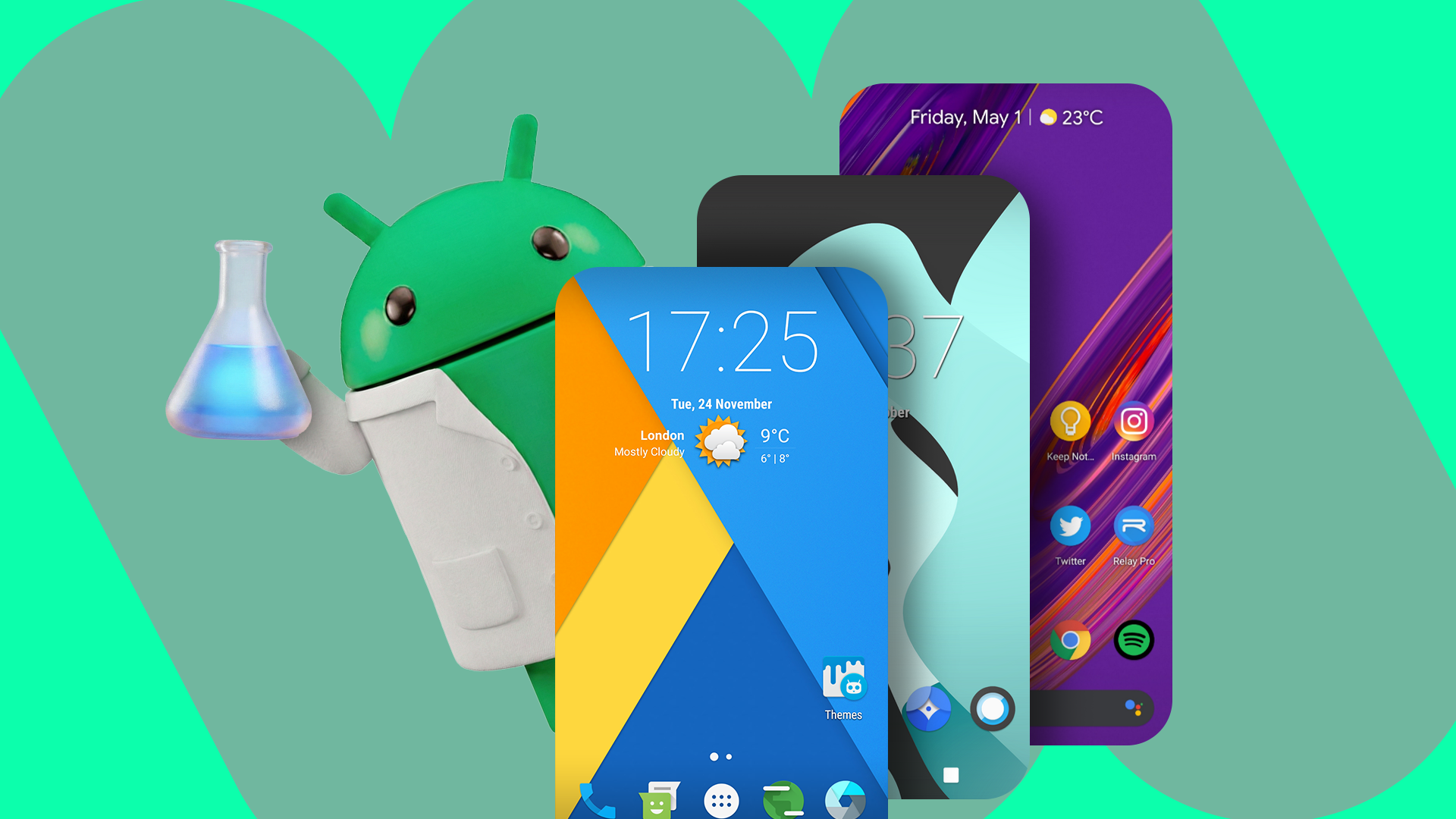 Android mascot dressed as a scientist holding a flask, standing next to three smartphone screens displaying various custom ROM interfaces.