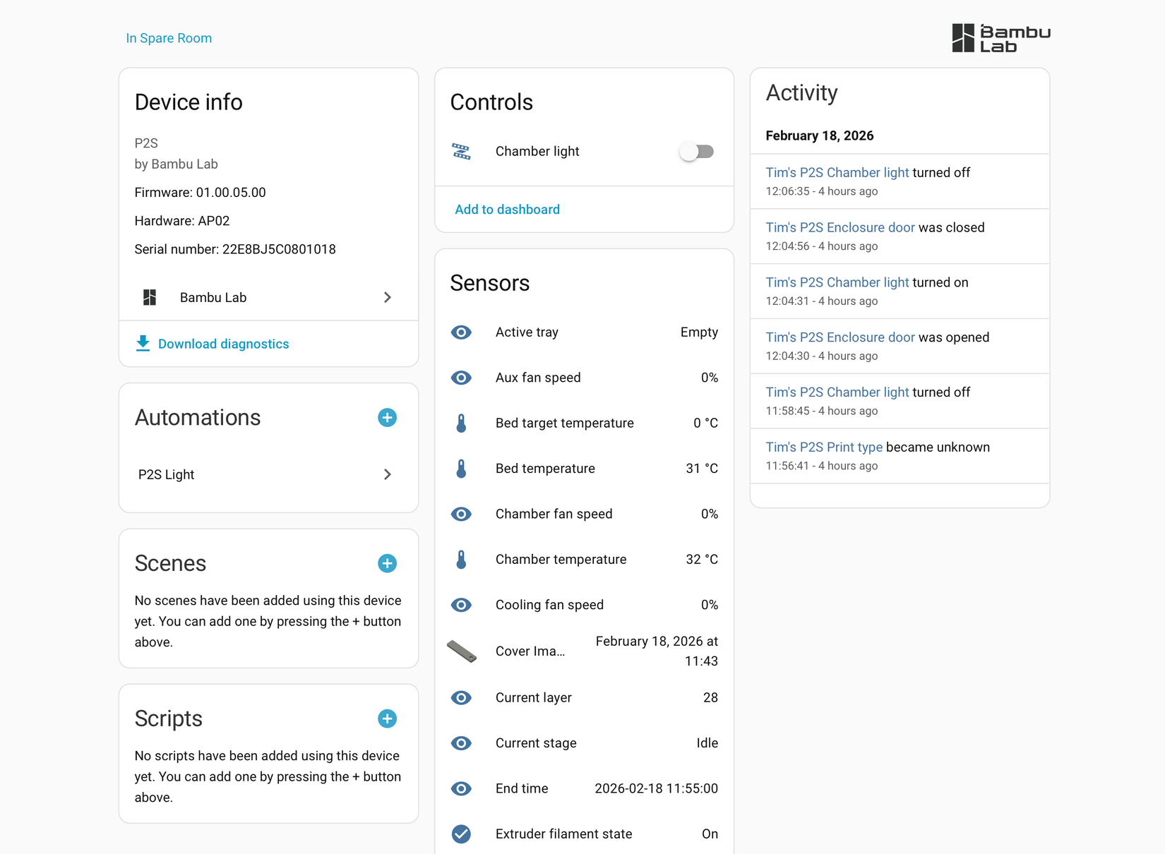 Bambu Lab P2S in Home Assistant.