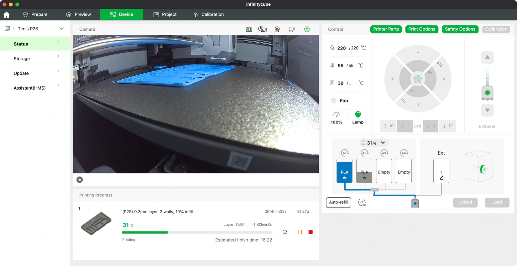 Bambu Studio showing a feed from a P2S 3D printer during a print.