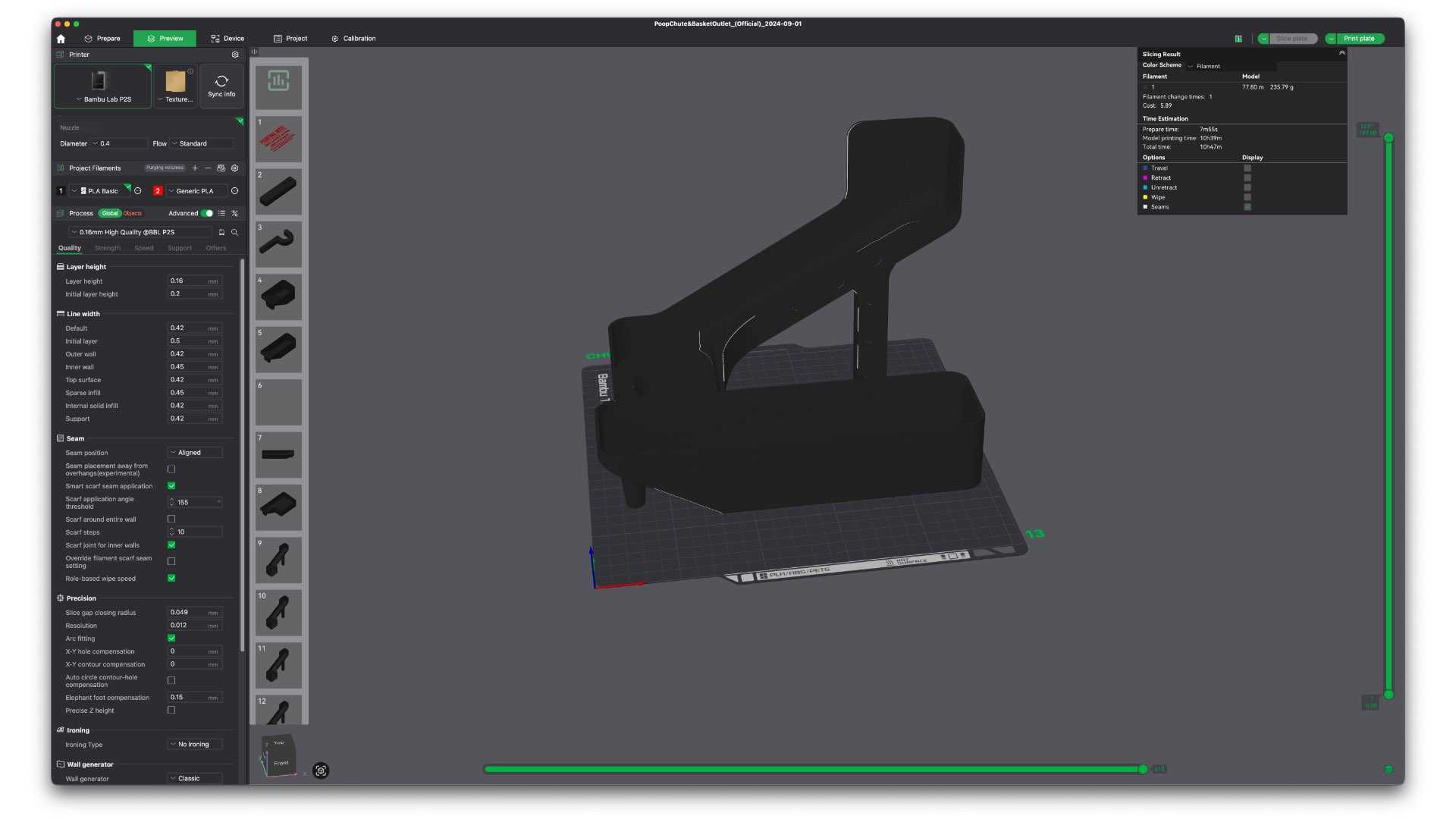 Bambu Studio showing the print time of a poop chute.