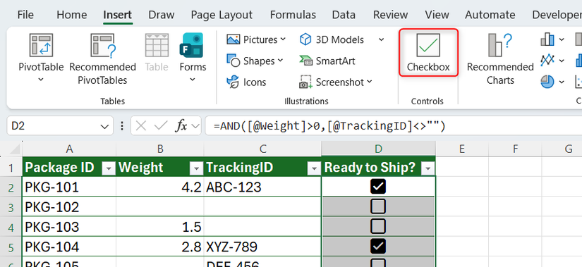 Checkboxes are added to a 'Ready to Ship' column to turn the underlying TRUE or FALSE values into a visual aid.
