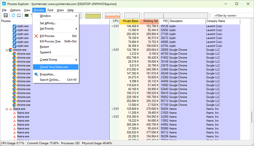 Checking a process on VirusTotal.