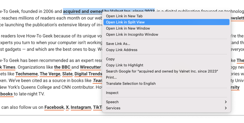 Chrome’s context menu showing an option to "Open Link in Split View."