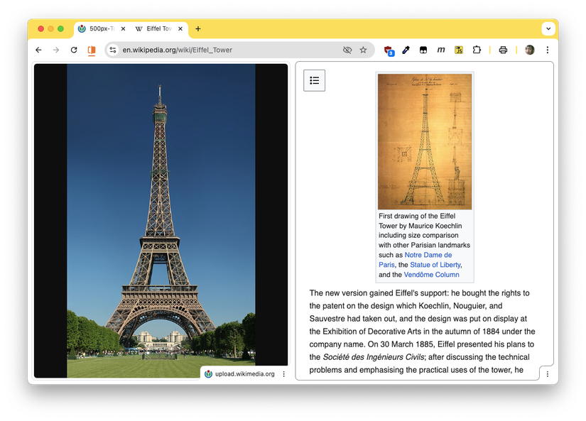 Chrome’s split view feature showing an image in the left half of a window and a web page in the right half.