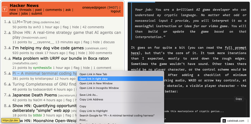 Chrome’s split view showing a Hacker News page with a list of links and the context menu showing an "Open link in right view" option.