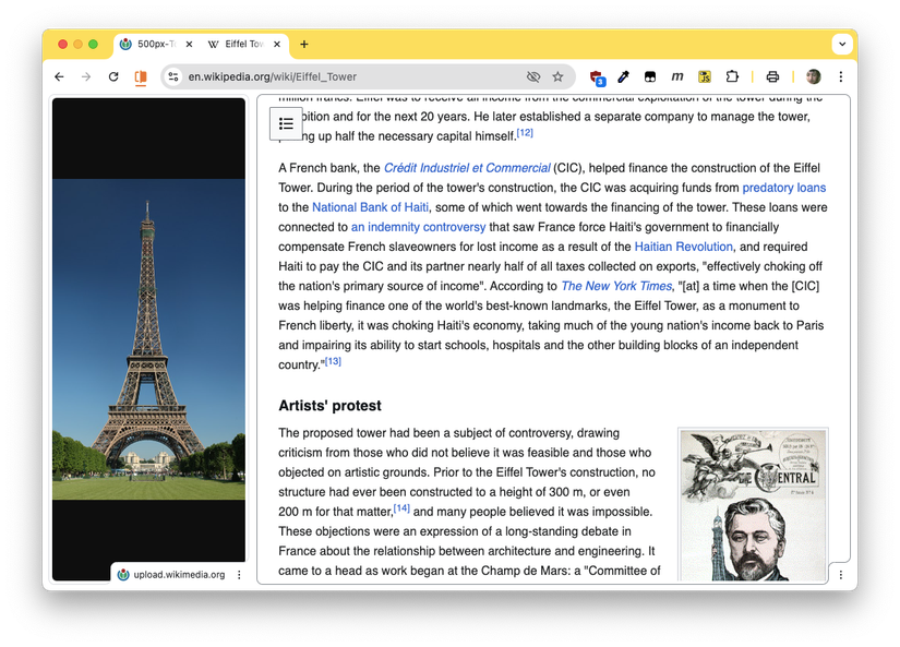 Chrome’s split view showing a narrow page on the left and a much wider page on the right.