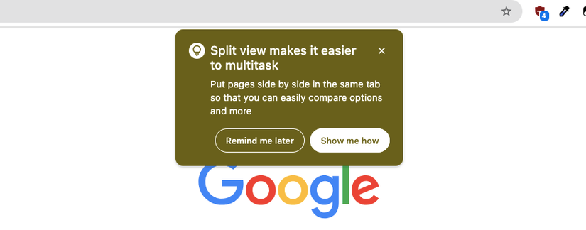 A Chrome notification explaining that split view makes it easier to multitask.