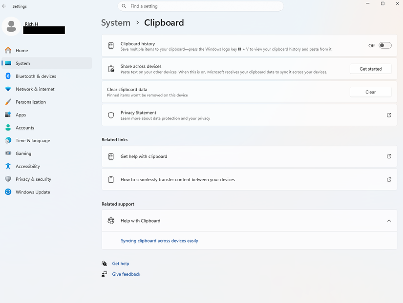 A screenshot of Windows 11 settings open to the Clipboard settings.