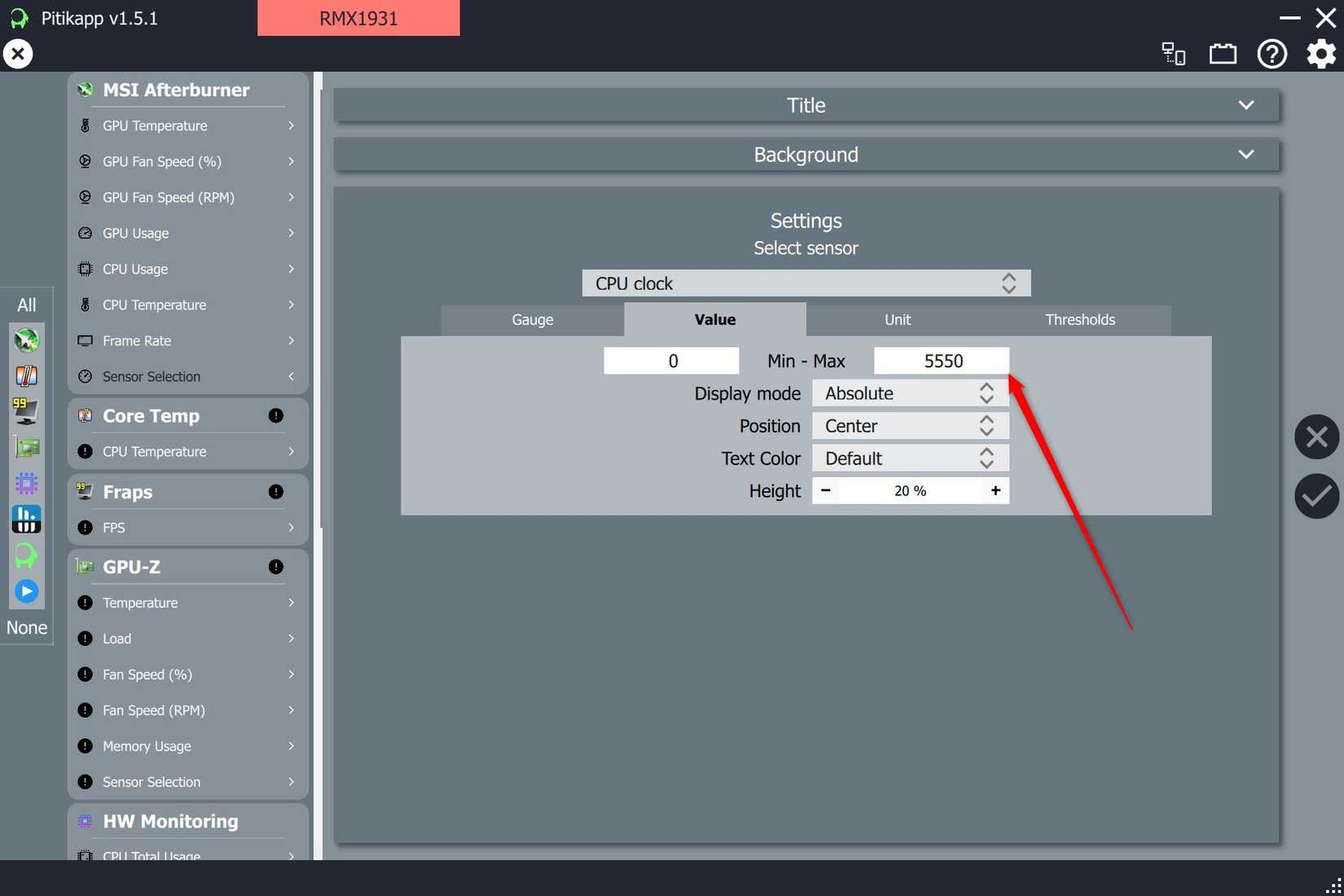 Configurar la velocidad del reloj en 5550 para el sensor de velocidad del reloj de la CPU en Pitikapp.