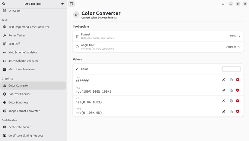 Color converter tool in Dev Toolbox to convert colors from one format to another.