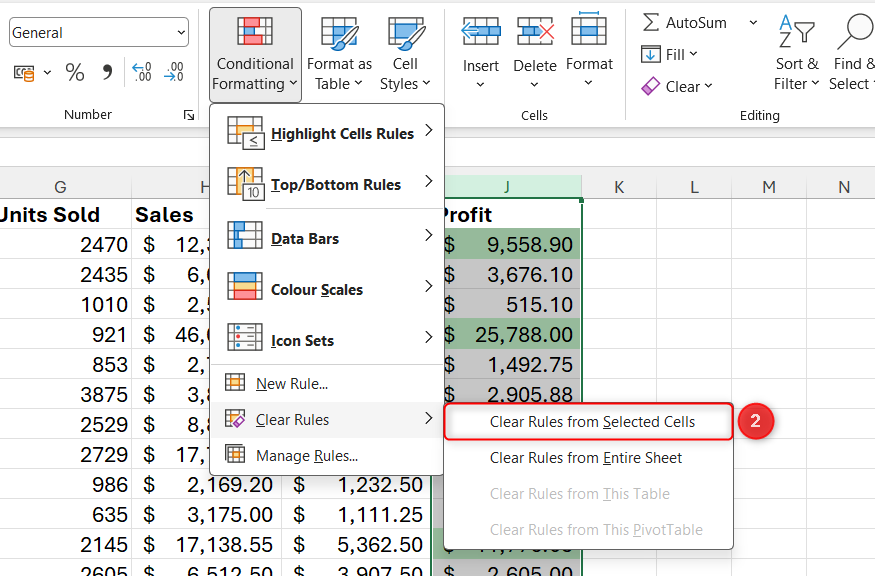 Column J is selected in Excel, and clear Rules from Selected Cells is highlighted.