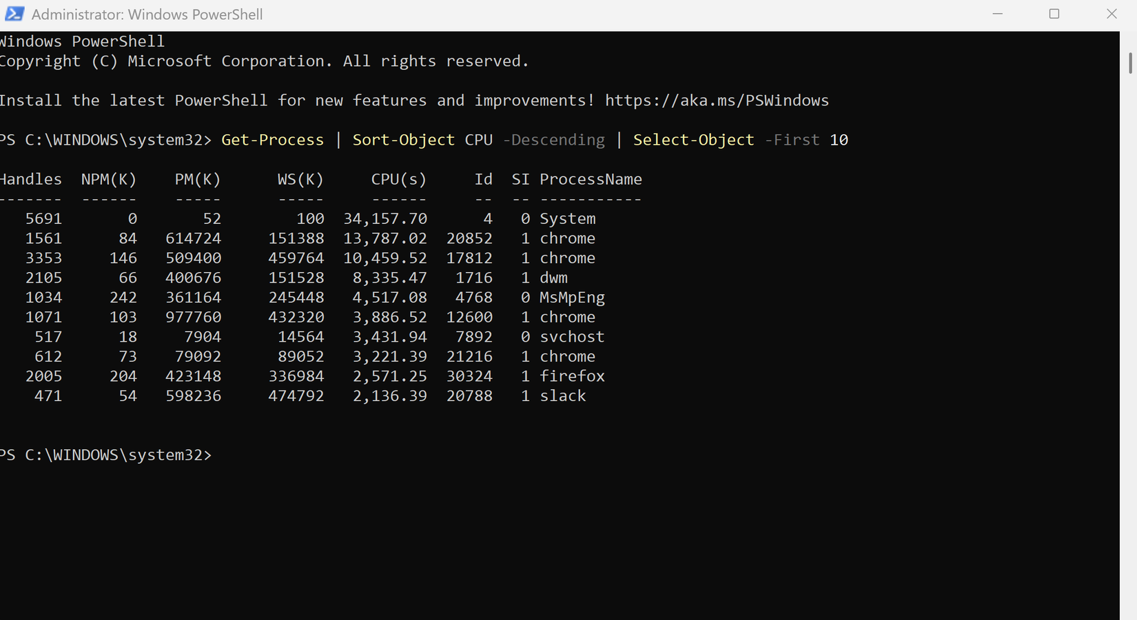 A screenshot of Windows PowerShell with a script that looks at CPU usage.