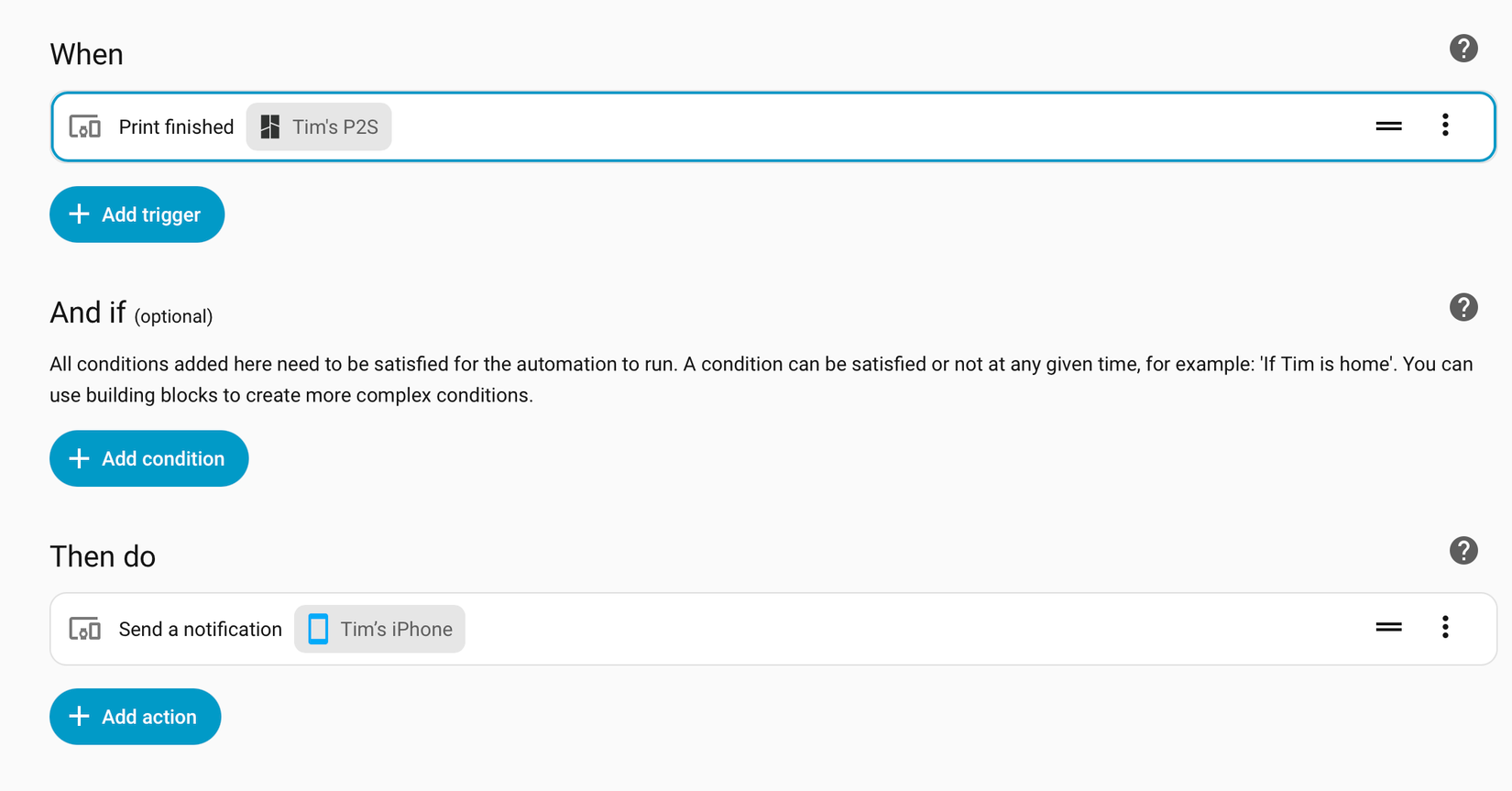 Creating a simple notification automation in Home Assistant for a 3D print.