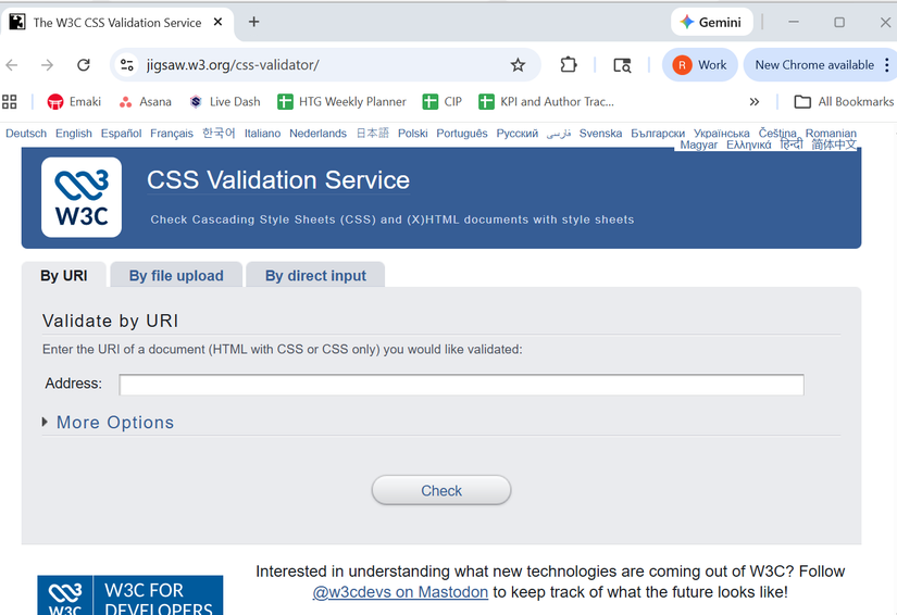 CSS コードを検証するために使用されるツール、W3C CSS Validation Service のスクリーンショット
