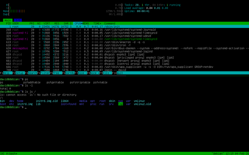 Debian minimal console environment with two tmux windows open: an htop window and a shell window below it with a directory listing.