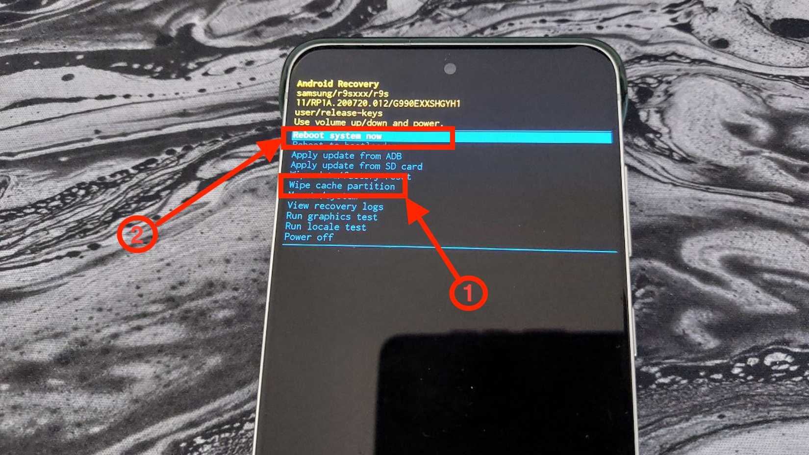 Se abrió un menú de Recuperación en un teléfono Samsung Galaxy. 