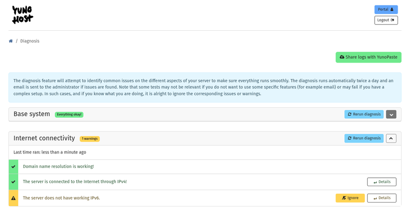 Pantalla de diagnóstico en la interfaz web de YunoHost.