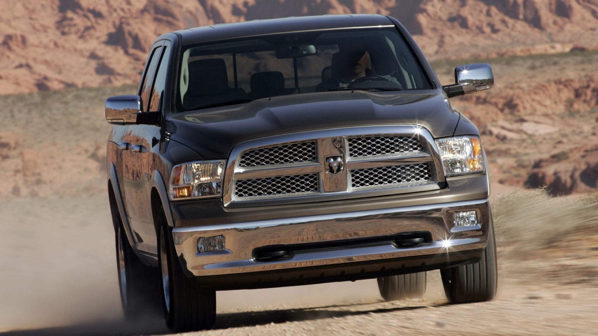 Head-on action shot of a 2009 Dodge Ram 1500