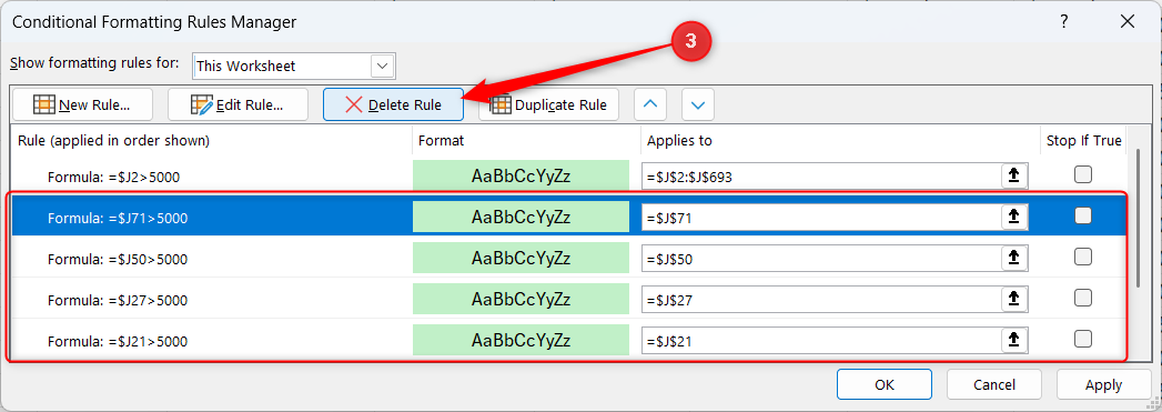 Duplicated and messy rules are being deleted in the Rules Manager in Excel.