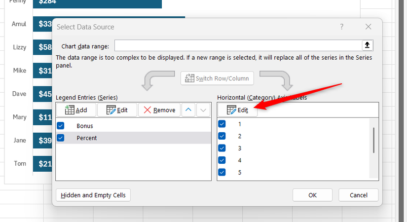 Edit is selected in Excel's Select Data Source dialog.