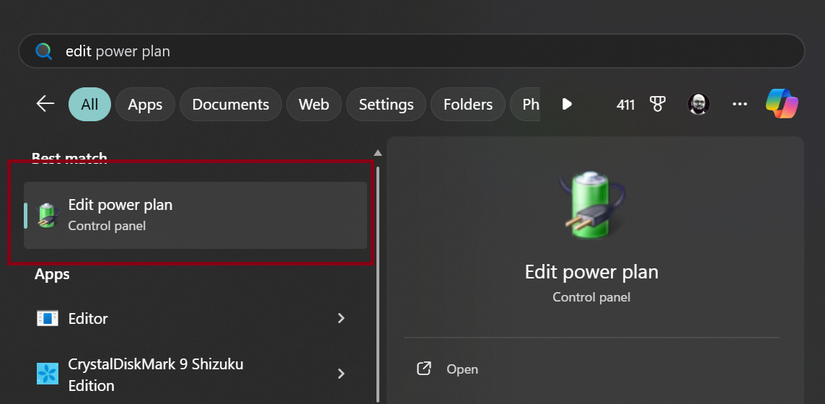 Edit Power Plan visible in the Start Menu.