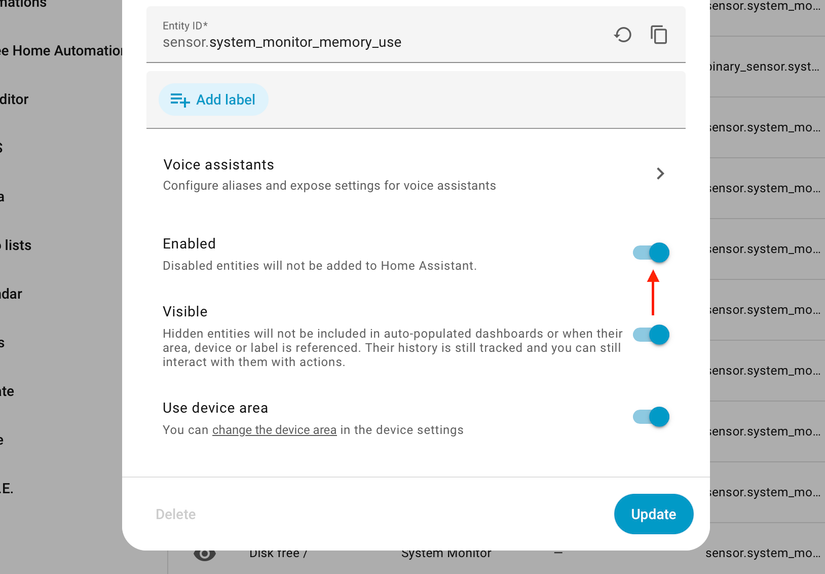 Enabling entities in the Home Assistant System Monitor integration.