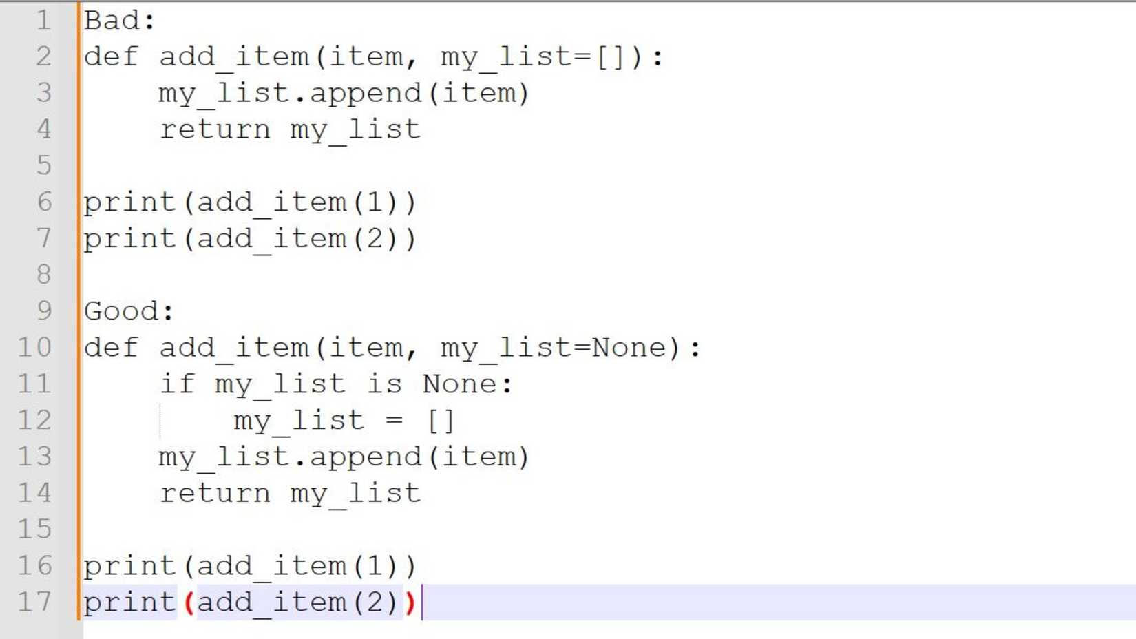 Example of a good and bad way to do Mutable Default Arguments