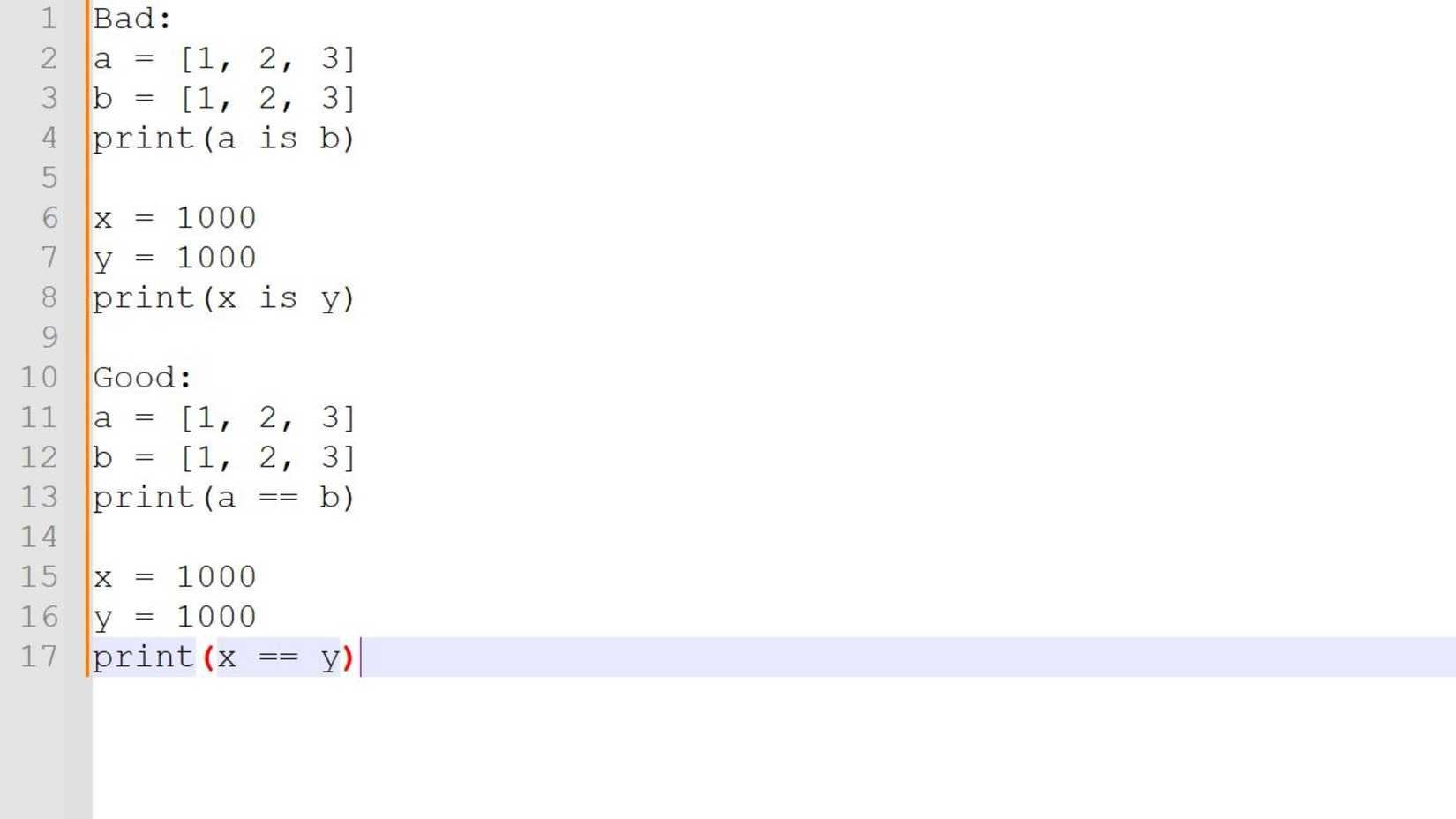 Example of a good and bad way to do Over-reliance on is vs. ==