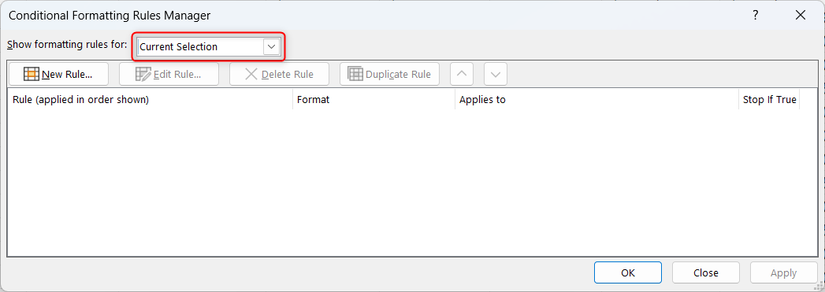 Excel's Conditional Formatting Rules Manager showing Current Selection with no rules listed.