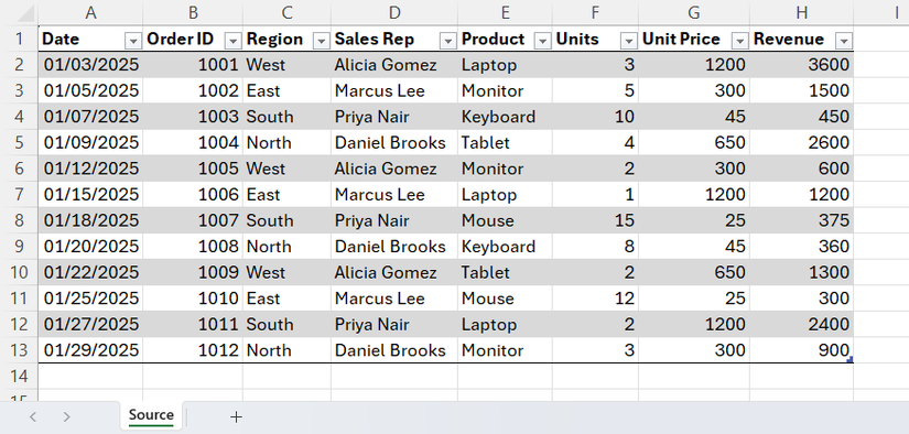 Excel Source tab showing a structured table of raw sales data with no calculations