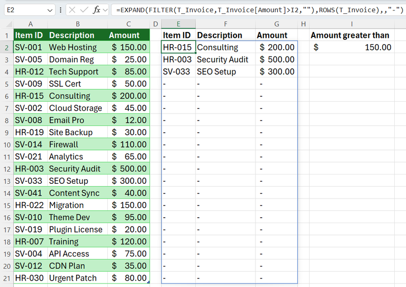 EXPAND, FILTER, and ROWS used in Excel to create a dashboard area for the result to spill.