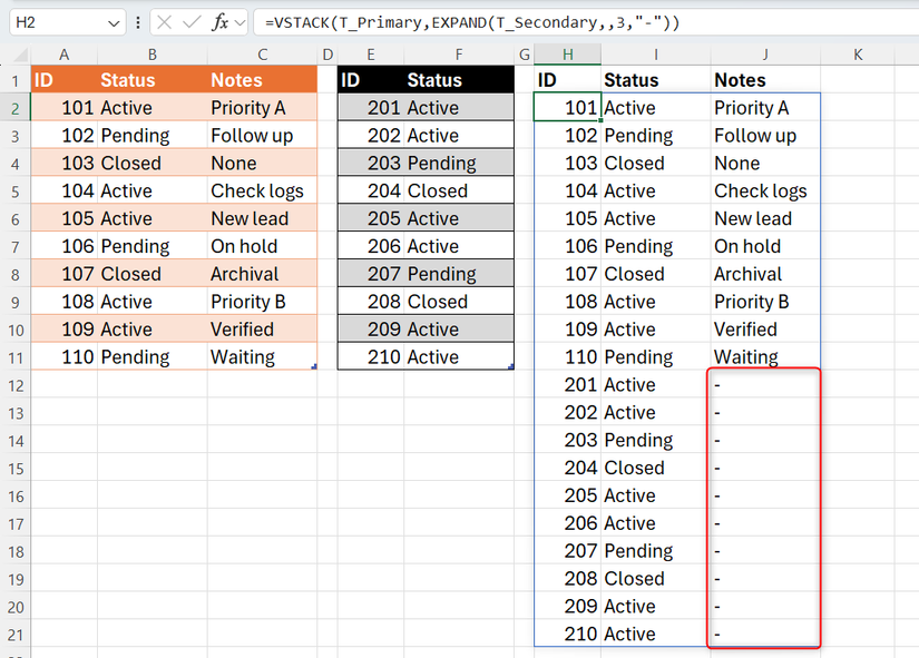 EXPAND nested inside VSTACK to pad empty cells in a column-mismatched stack.