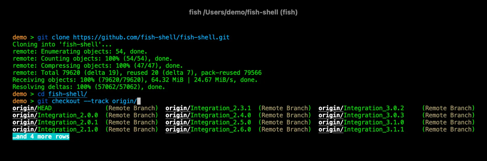 A fish session showing autocomplete for a git command that is contextually aware of the current repository.