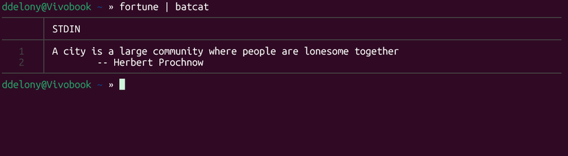 Fortune command redirected into batcat with line numbers.