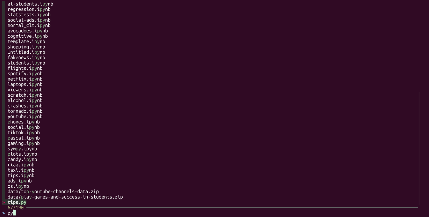 Поиск файлов с вхождением 'py' через fzy.