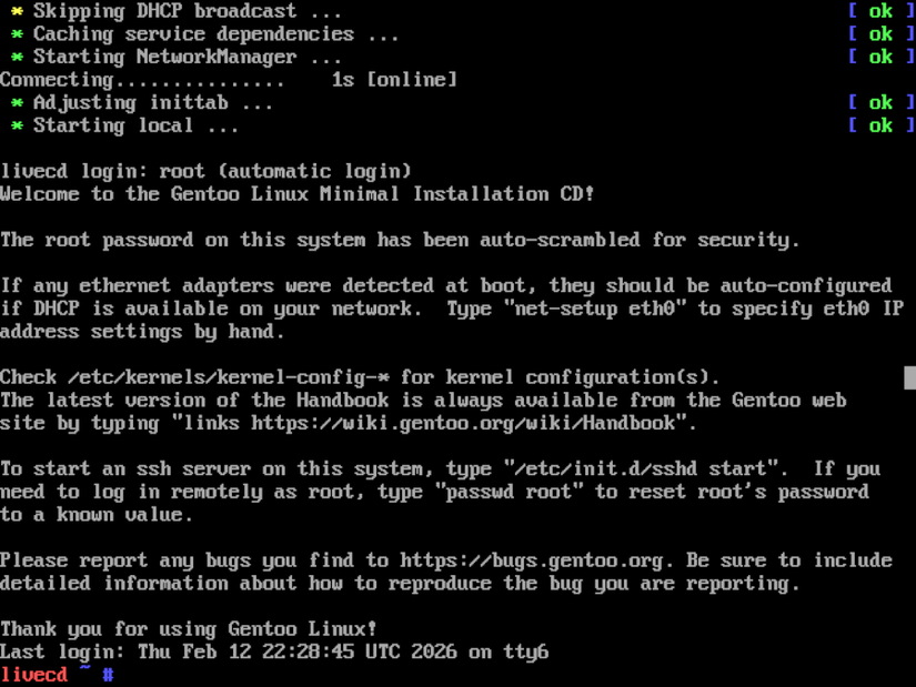 Live console of the Gentoo installation image.