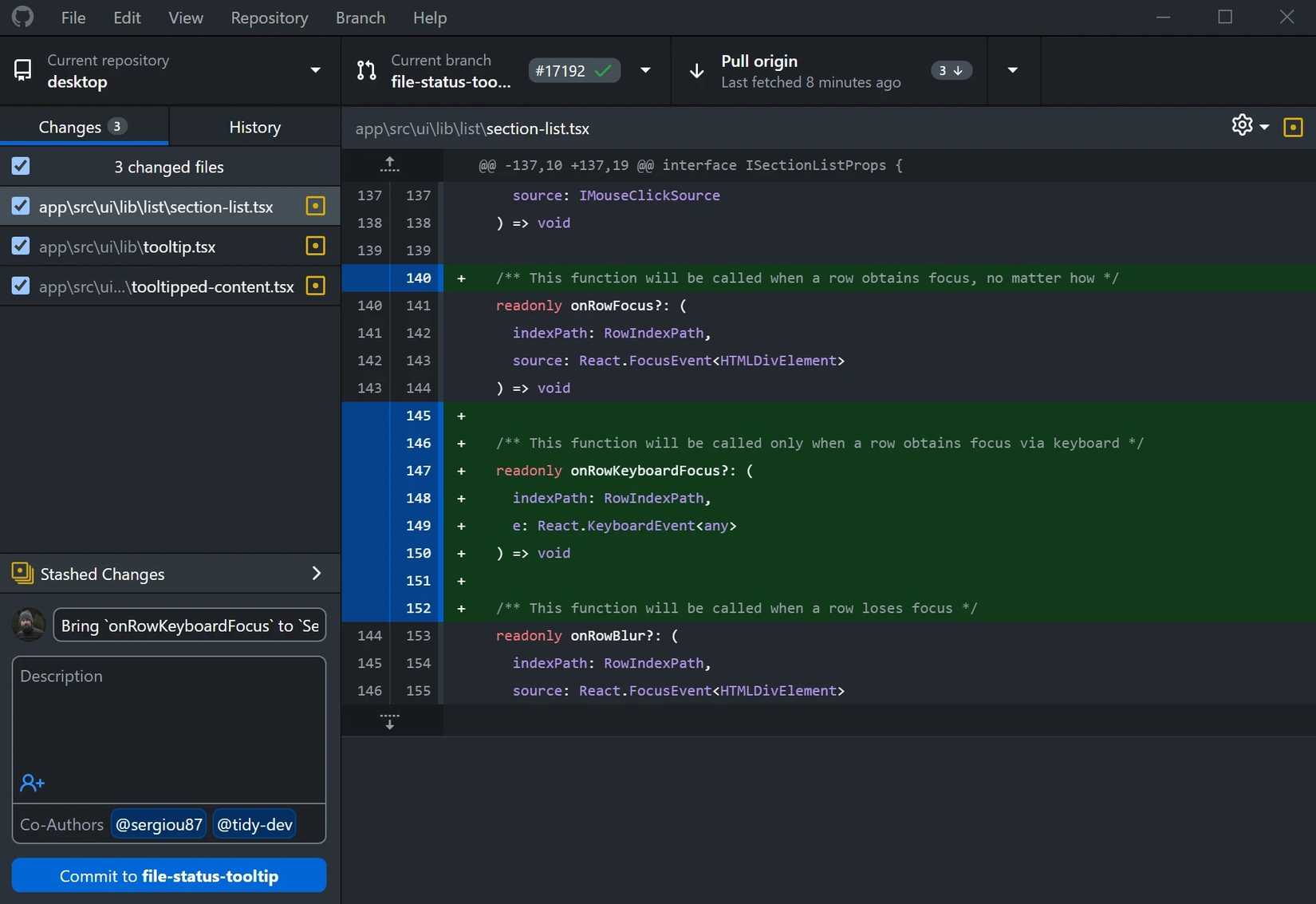 GitHub desktop app showing changes to a folder.